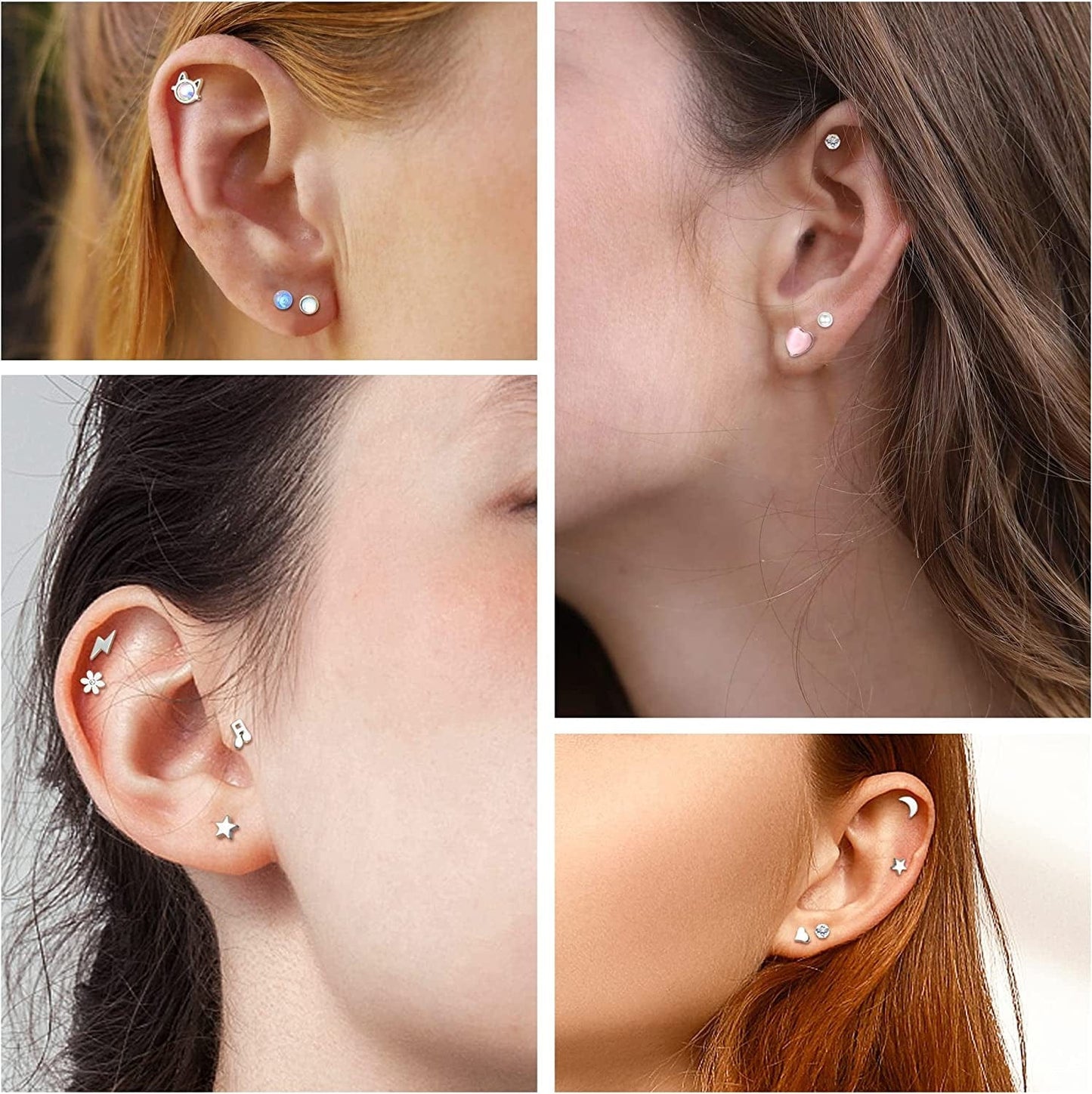 BESTEEL 24Pairs Stainless Steel Stud Earrings for Women Men 20G Tiny Cartilage Stud Earrings Star Moon Ball Butterfly Heart Opal Cat Lightning Flower Screwback Flat Back Stud Earrings Piercing Jewelry
