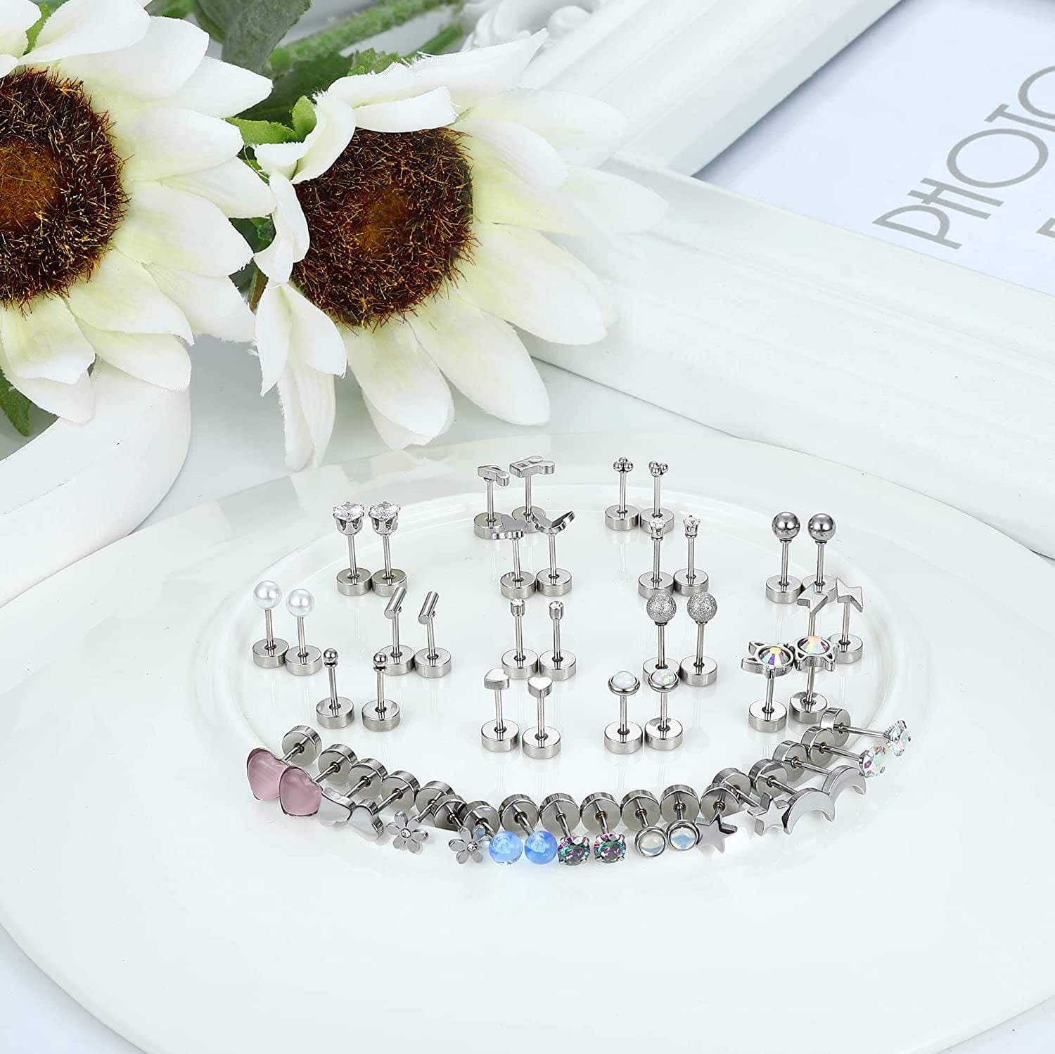 BESTEEL 24Pairs Stainless Steel Stud Earrings for Women Men 20G Tiny Cartilage Stud Earrings Star Moon Ball Butterfly Heart Opal Cat Lightning Flower Screwback Flat Back Stud Earrings Piercing Jewelry