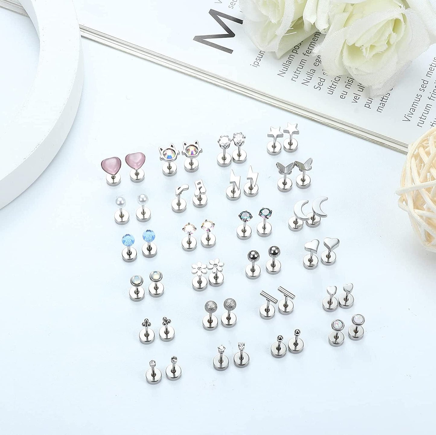 BESTEEL 24Pairs Stainless Steel Stud Earrings for Women Men 20G Tiny Cartilage Stud Earrings Star Moon Ball Butterfly Heart Opal Cat Lightning Flower Screwback Flat Back Stud Earrings Piercing Jewelry