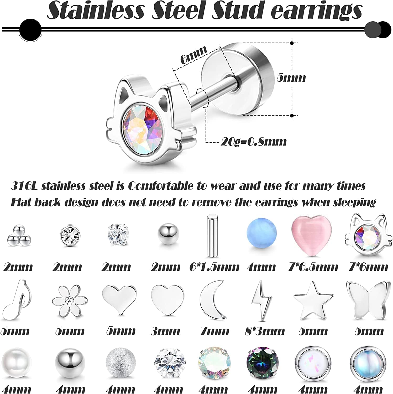 BESTEEL 24Pairs Stainless Steel Stud Earrings for Women Men 20G Tiny Cartilage Stud Earrings Star Moon Ball Butterfly Heart Opal Cat Lightning Flower Screwback Flat Back Stud Earrings Piercing Jewelry