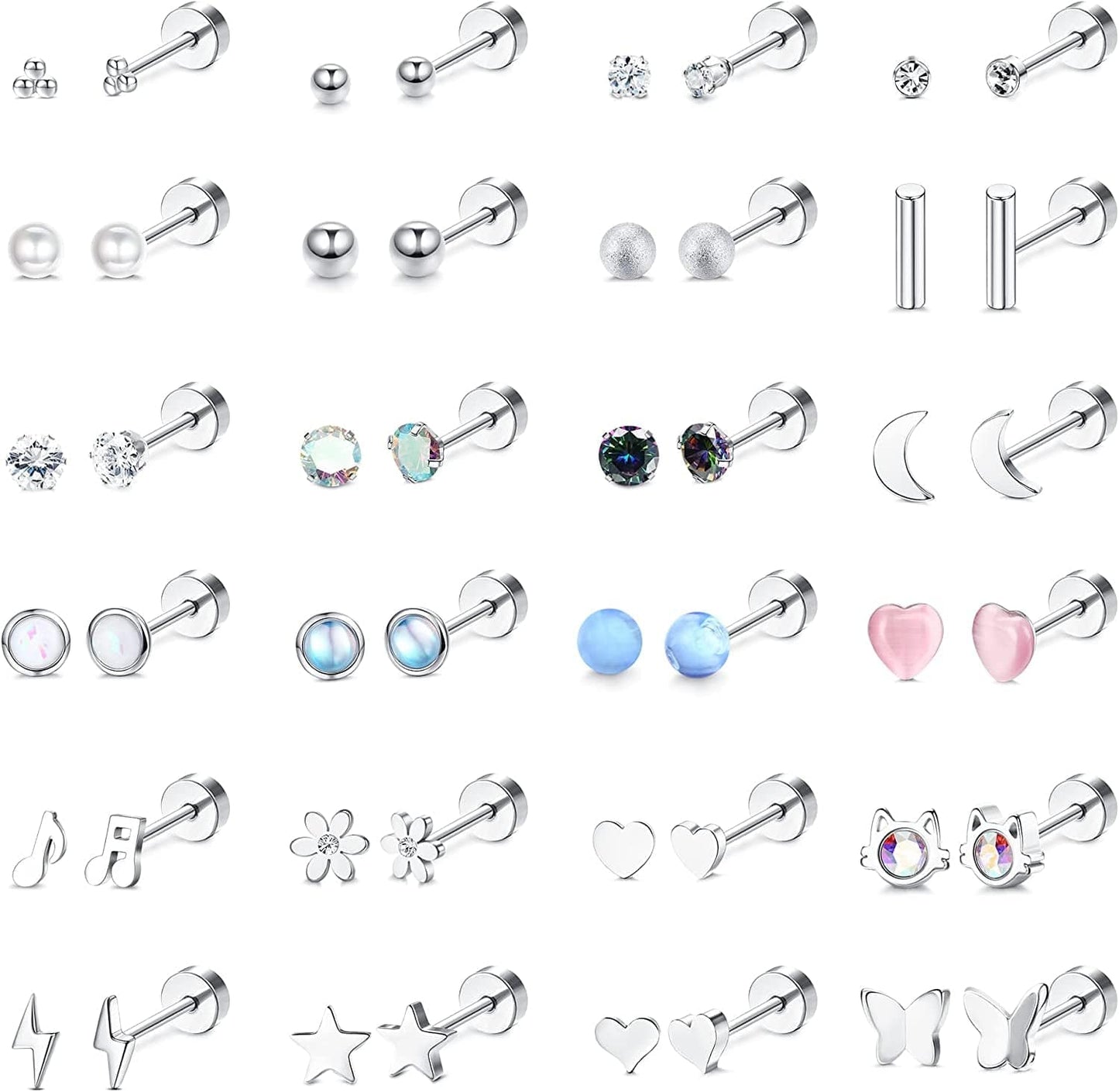 BESTEEL 24Pairs Stainless Steel Stud Earrings for Women Men 20G Tiny Cartilage Stud Earrings Star Moon Ball Butterfly Heart Opal Cat Lightning Flower Screwback Flat Back Stud Earrings Piercing Jewelry