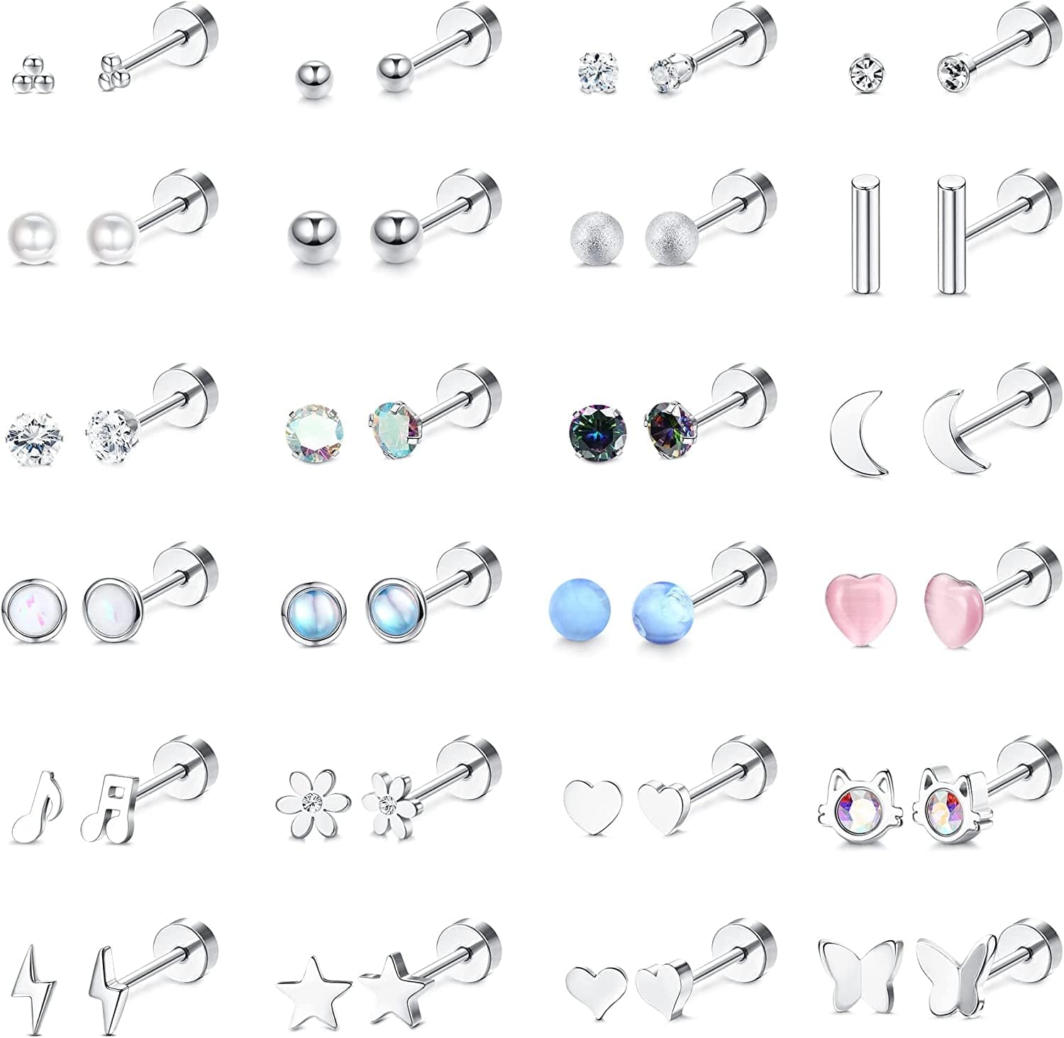 BESTEEL 24Pairs Stainless Steel Stud Earrings for Women Men 20G Tiny Cartilage Stud Earrings Star Moon Ball Butterfly Heart Opal Cat Lightning Flower Screwback Flat Back Stud Earrings Piercing Jewelry