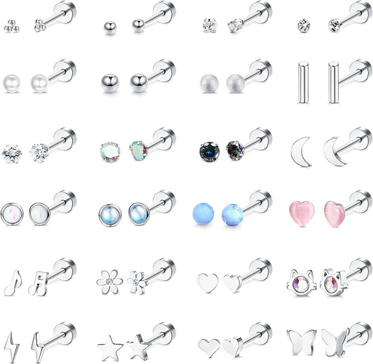 BESTEEL 24Pairs Stainless Steel Stud Earrings for Women Men 20G Tiny Cartilage Stud Earrings Star Moon Ball Butterfly Heart Opal Cat Lightning Flower Screwback Flat Back Stud Earrings Piercing Jewelry
