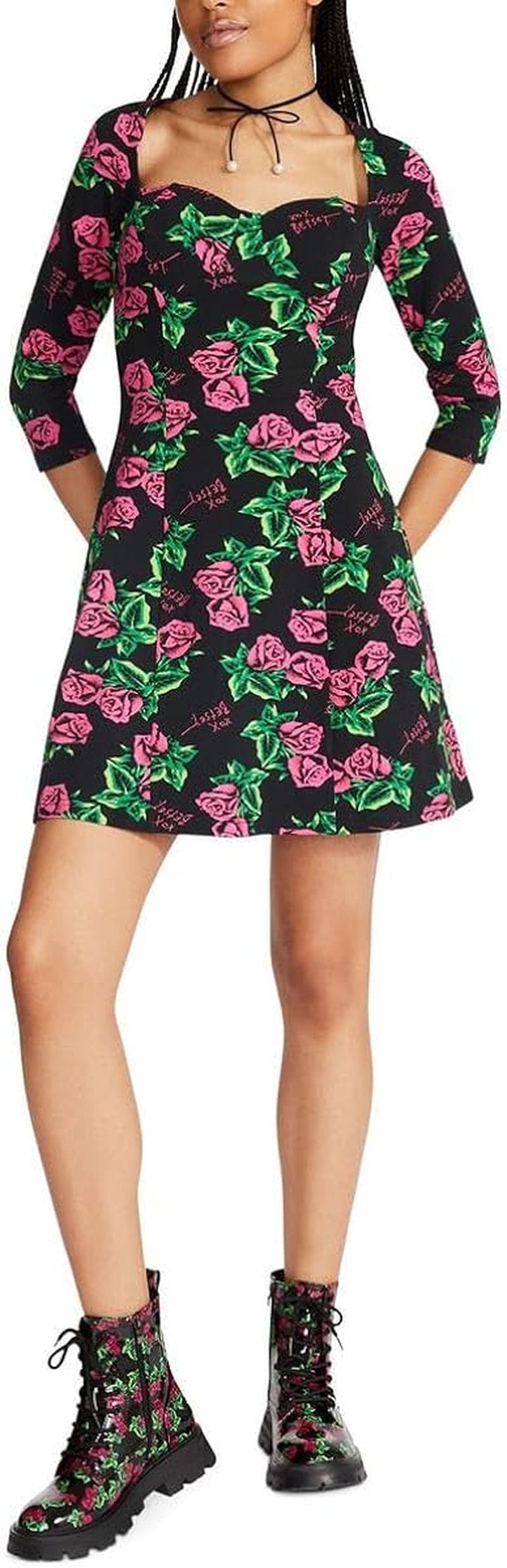 Betsey Johnson Womens Printed Mini Fit & Flare Dress Tin Can Rose / Small