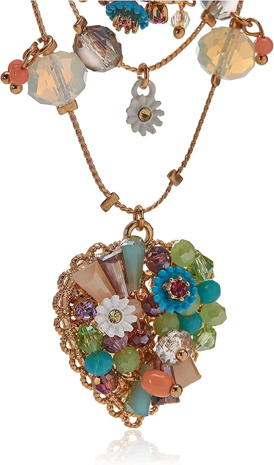 Betsey Johnson Woven Mixed Multi-Colored Bead Flower Heart Illusion Necklace