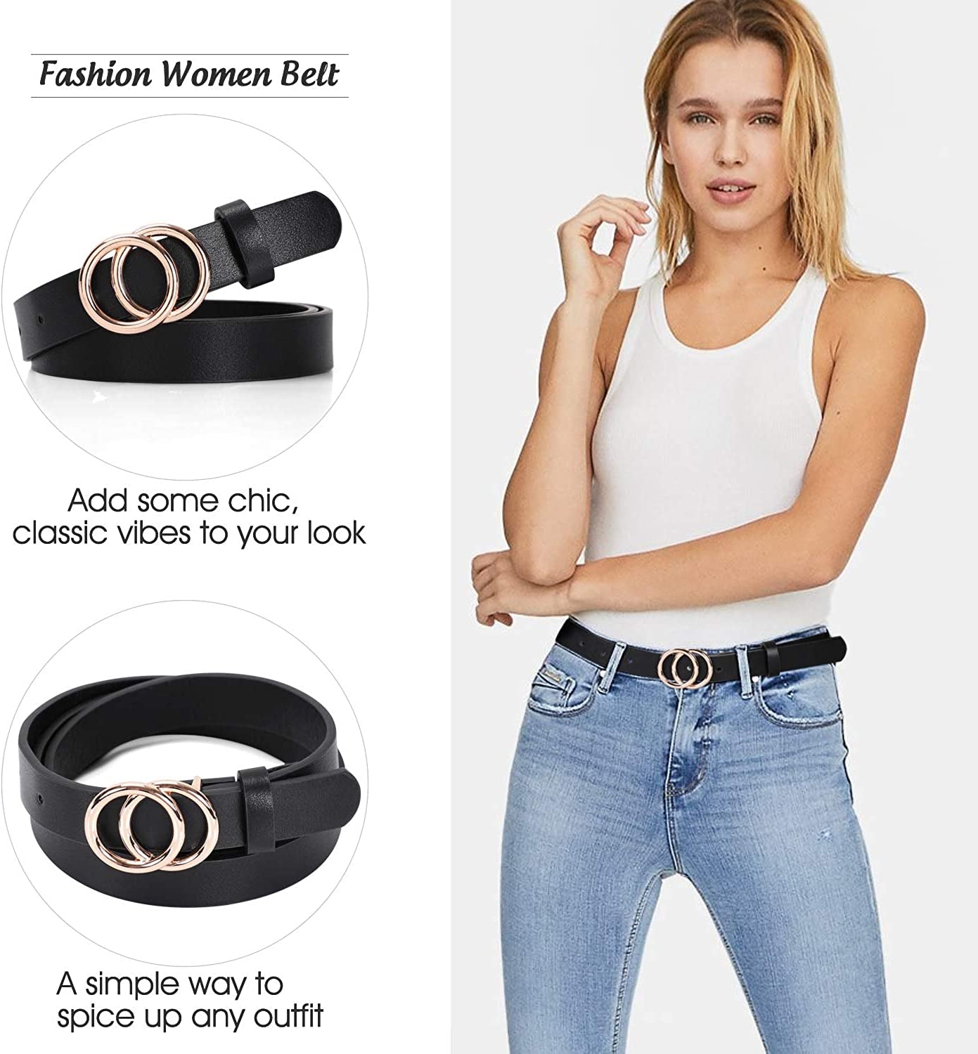 Double Ring Leather Belts for Women SANSTHS O-Style Gold Buckle Skinny Dress Belt 0.86 Inch Width for Jeans Pants Apparel & Accessories > Clothing Accessories > Belts SANSTHS