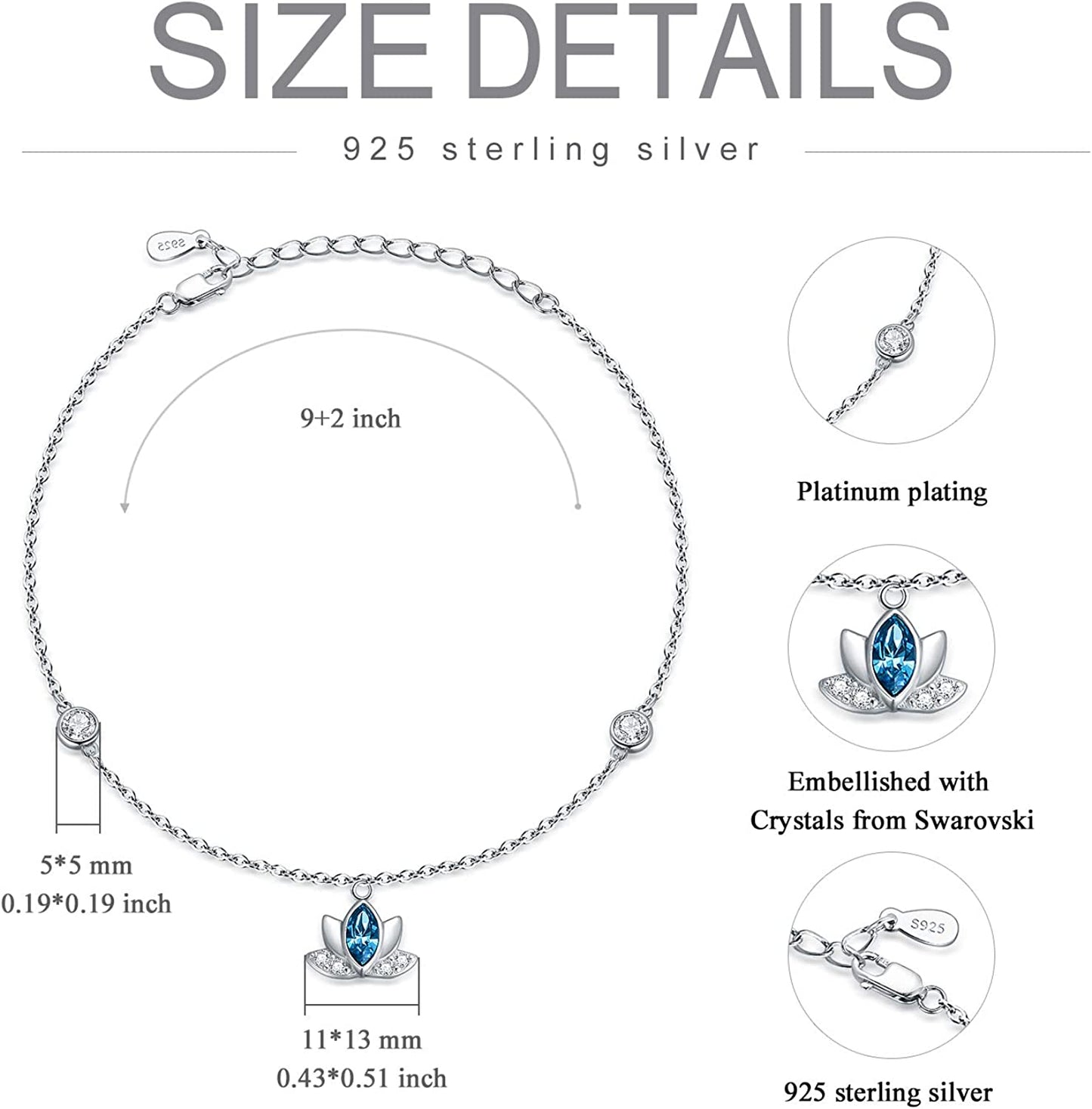 Lotus Anklets for Women Sterling Silver Ankle Bracelets with Blue Crystals 9''+2'' Apparel & Accessories > Jewelry > Anklets AOBOCO