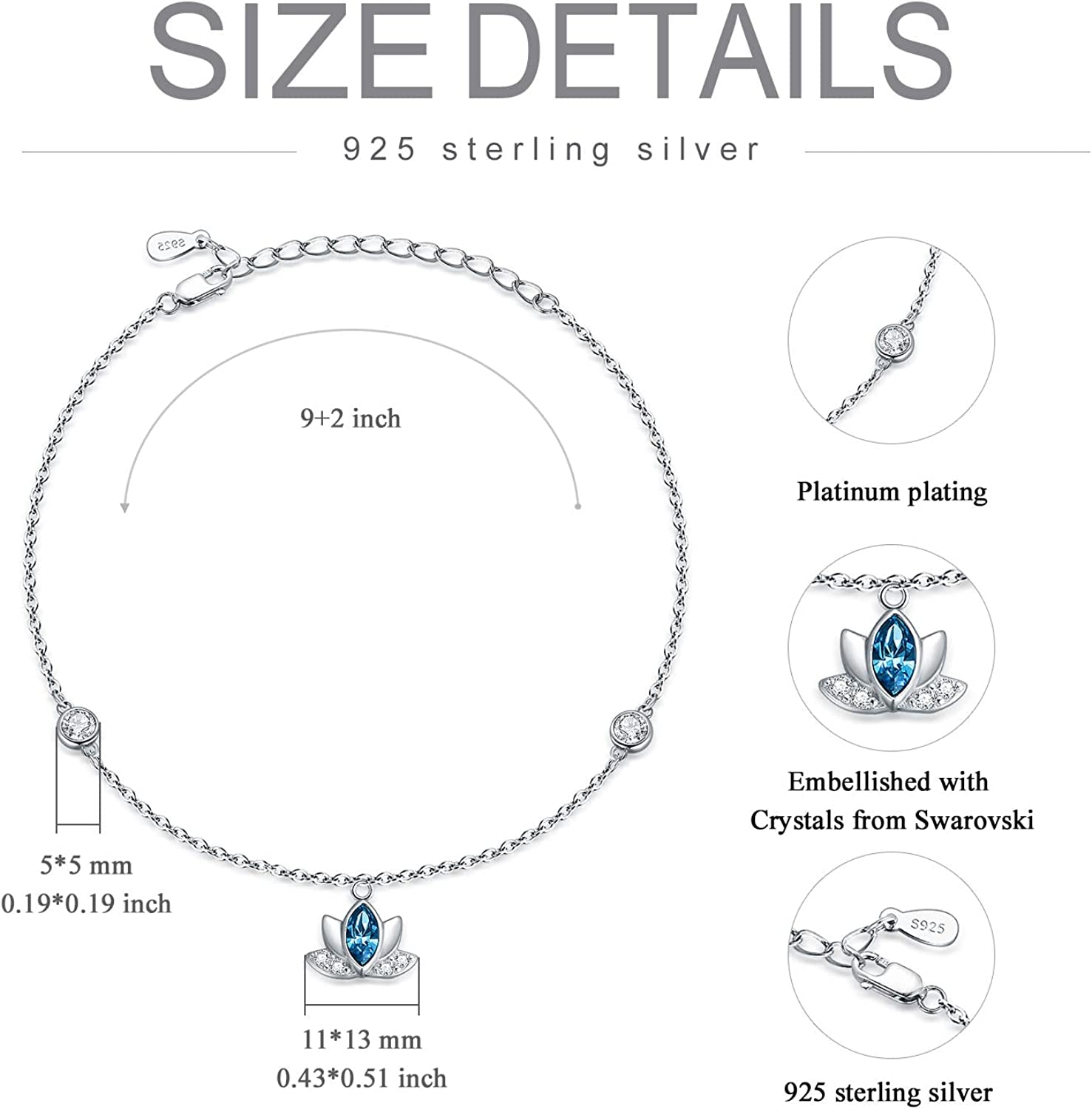 Lotus Anklets for Women Sterling Silver Ankle Bracelets with Blue Crystals 9''+2'' Apparel & Accessories > Jewelry > Anklets AOBOCO