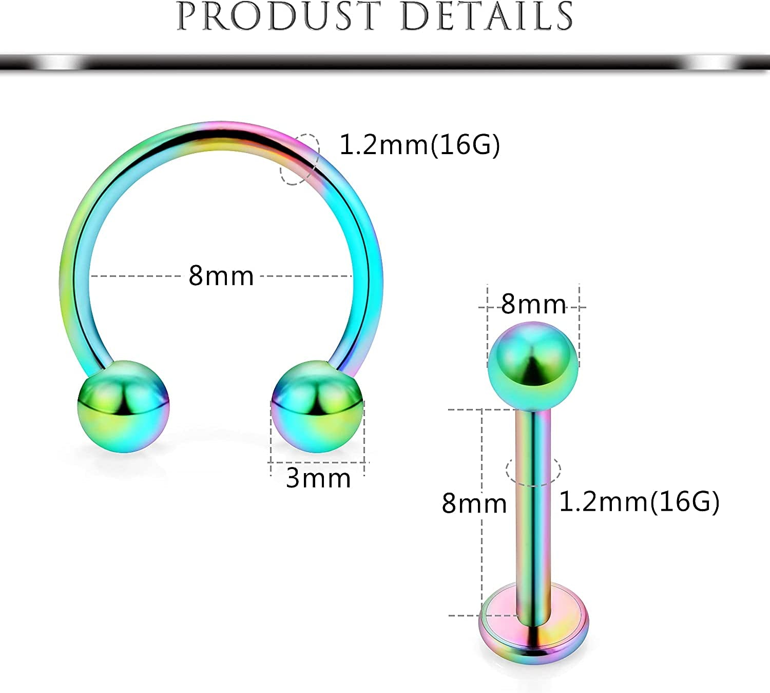 Hoeudjo 16G Surgical Steel Lip Rings Clear Diamond CZ Labret Studs Tragus Horseshoe Ring Helix Hoop Earring Body Jewelry Piercing Retainer for Women Men 8Mm Apparel & Accessories > Jewelry > Rings Hoeudjo