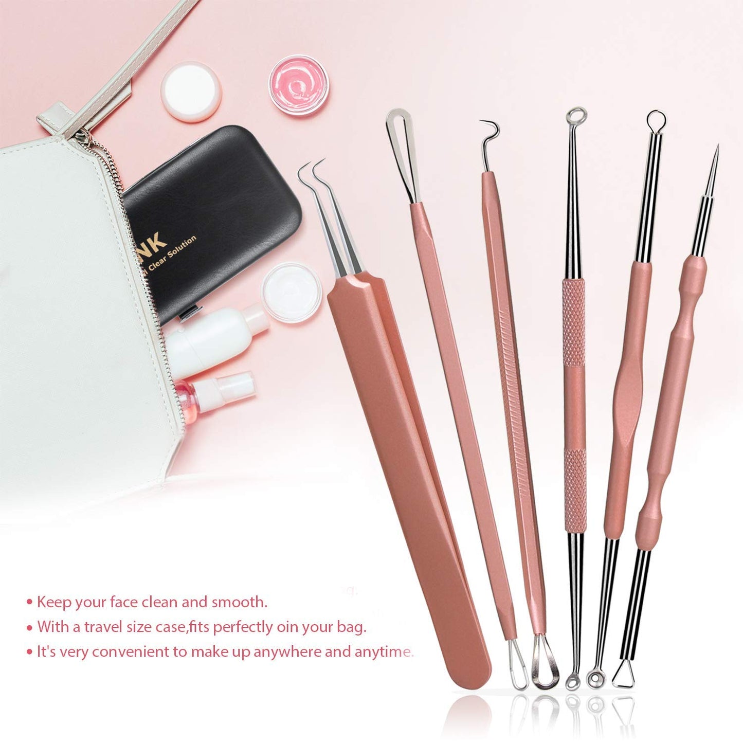 JPNK NEW Pink Blackhead Remover Tools Comedone Extractor Acne Removal Kit for Blemish, Whitehead Popping, Zit Removing for Nose Face with Leather Bag Health & Beauty > Personal Care > Cosmetics > Cosmetic Tools > Skin Care Tools JPNK