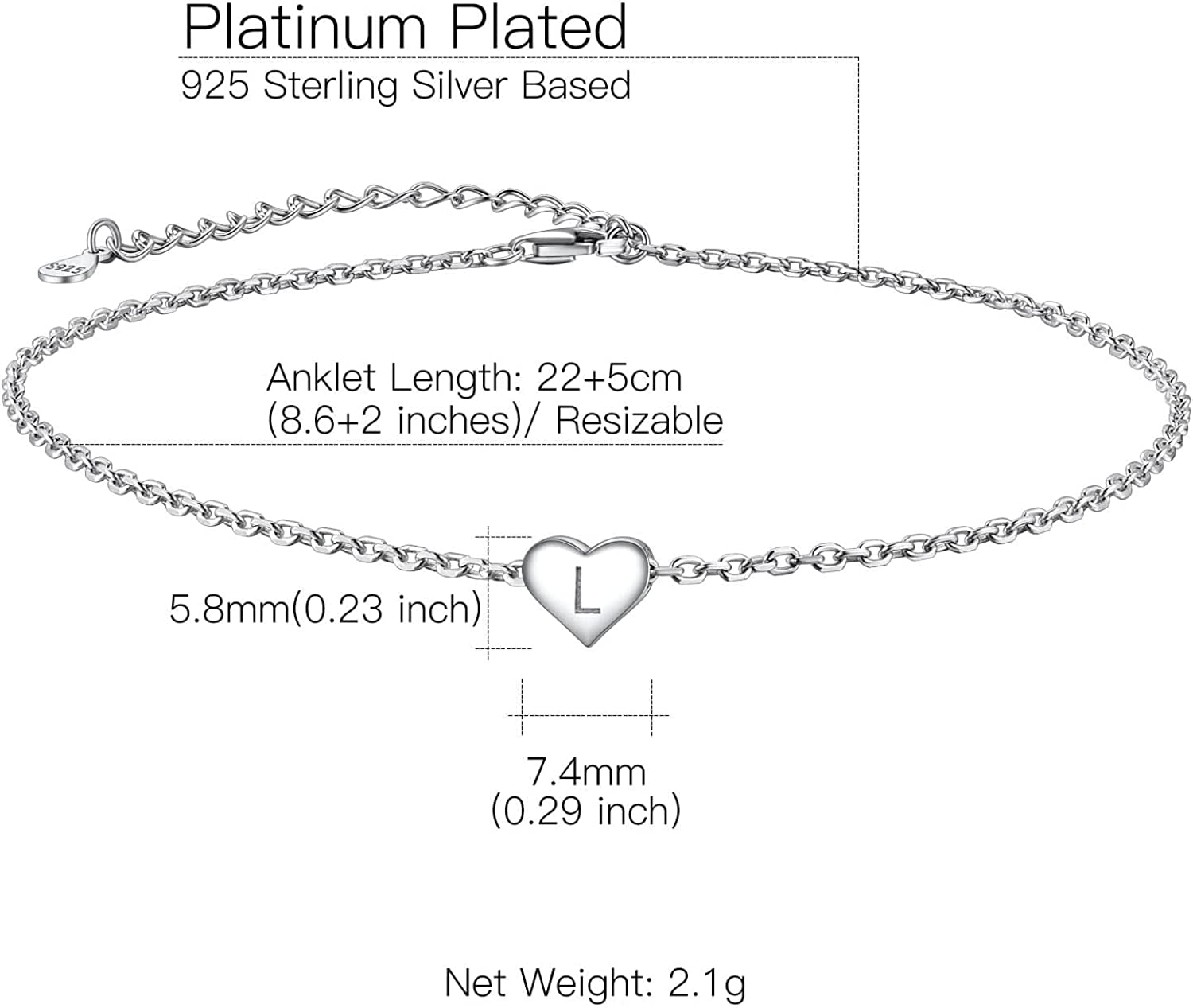 Suplight 925 Sterling Silver A-Z Initial Heart Anklets, Dainty Ankle Bracelets Beach Jewelry for Women Girls (With Gift Box) Apparel & Accessories > Jewelry > Anklets Suplight Jewelry