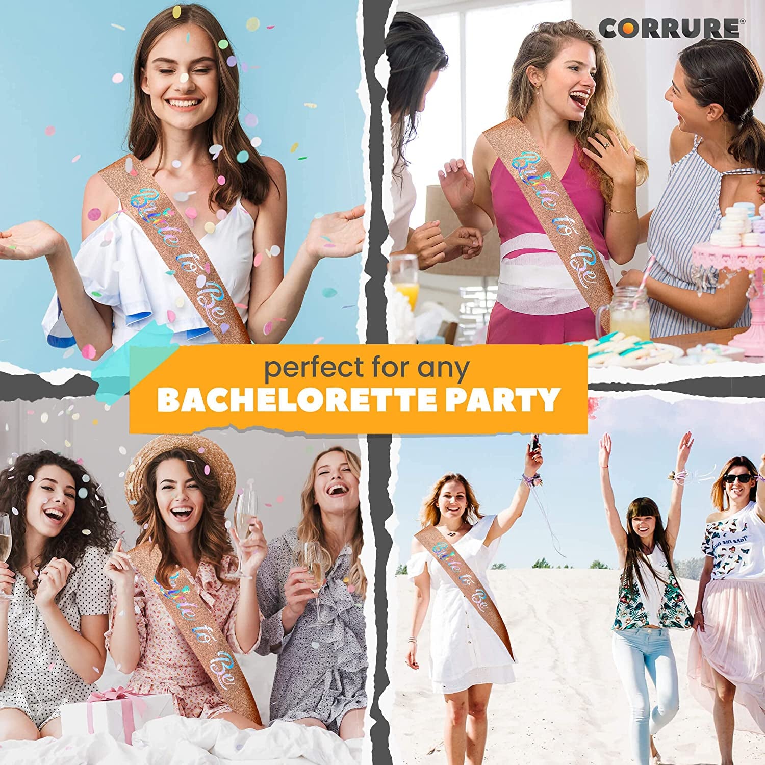 CORRURE 'Bride to Be' Sash for Bachelorette Party - Bridal Shower Rose Gold Glitter Sash with Multicolor Foil Lettering - Hen Party Decorations Supplies Accessories, Wedding Engagement Party Favors Apparel & Accessories > Clothing Accessories > Sashes CORRURE