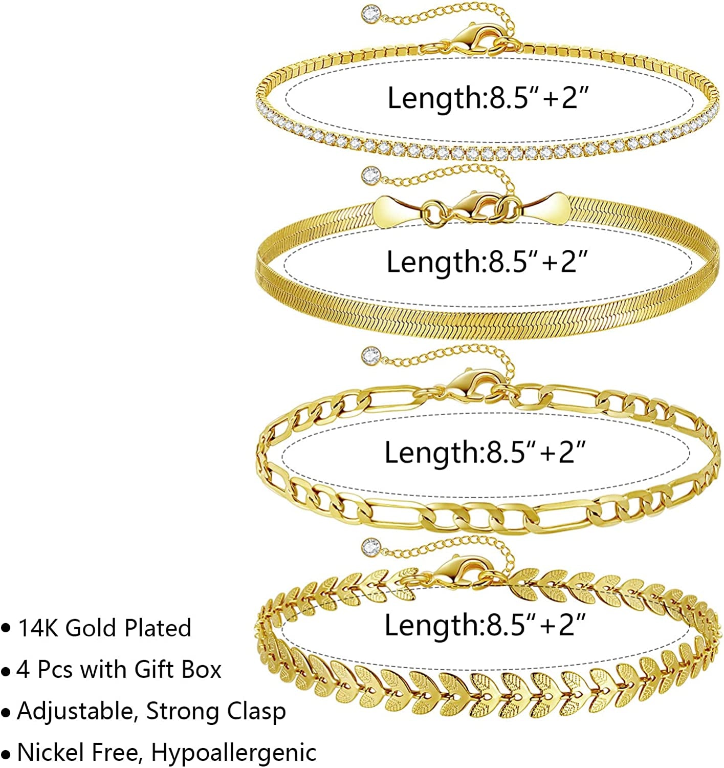 HAXIYA Ankle Bracelets for Women, 14K Gold Plated Adjust Beach Anklet, Cuban Link Chain, Beaded Anklet, Diamond Anklet, Figaro Chain, Water Proof for Summer Apparel & Accessories > Jewelry > Anklets HAXIYA