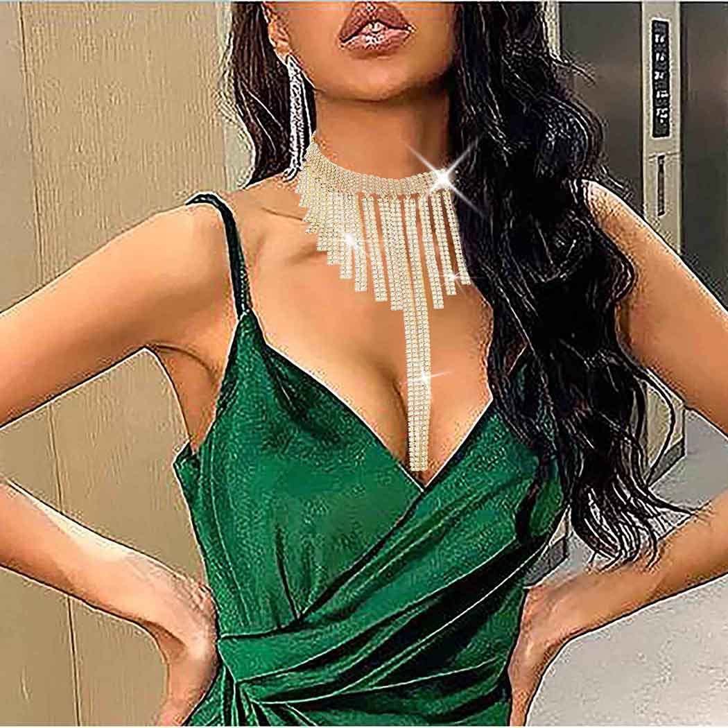 Shiny Rhinestone Layered Choker Sexy Gold Glitter Crystal Statement Necklace Metal Chains Evening Rave Nightclub Adjustable Body Accessories Jewelry for Women Apparel & Accessories > Jewelry > Body Jewelry China