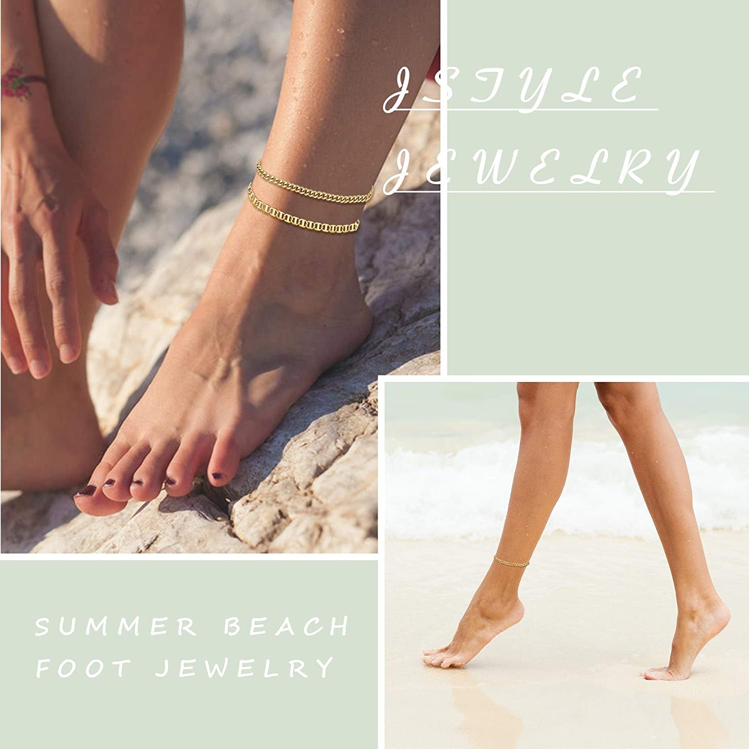 Jstyle 3Pcs Gold Anklet for Women Figaro/Herringbone/Cuban/Paperclip Link Chain Ankle Bracelet Adjustable Beach Foot Jewelry Apparel & Accessories > Jewelry > Anklets Jstyle