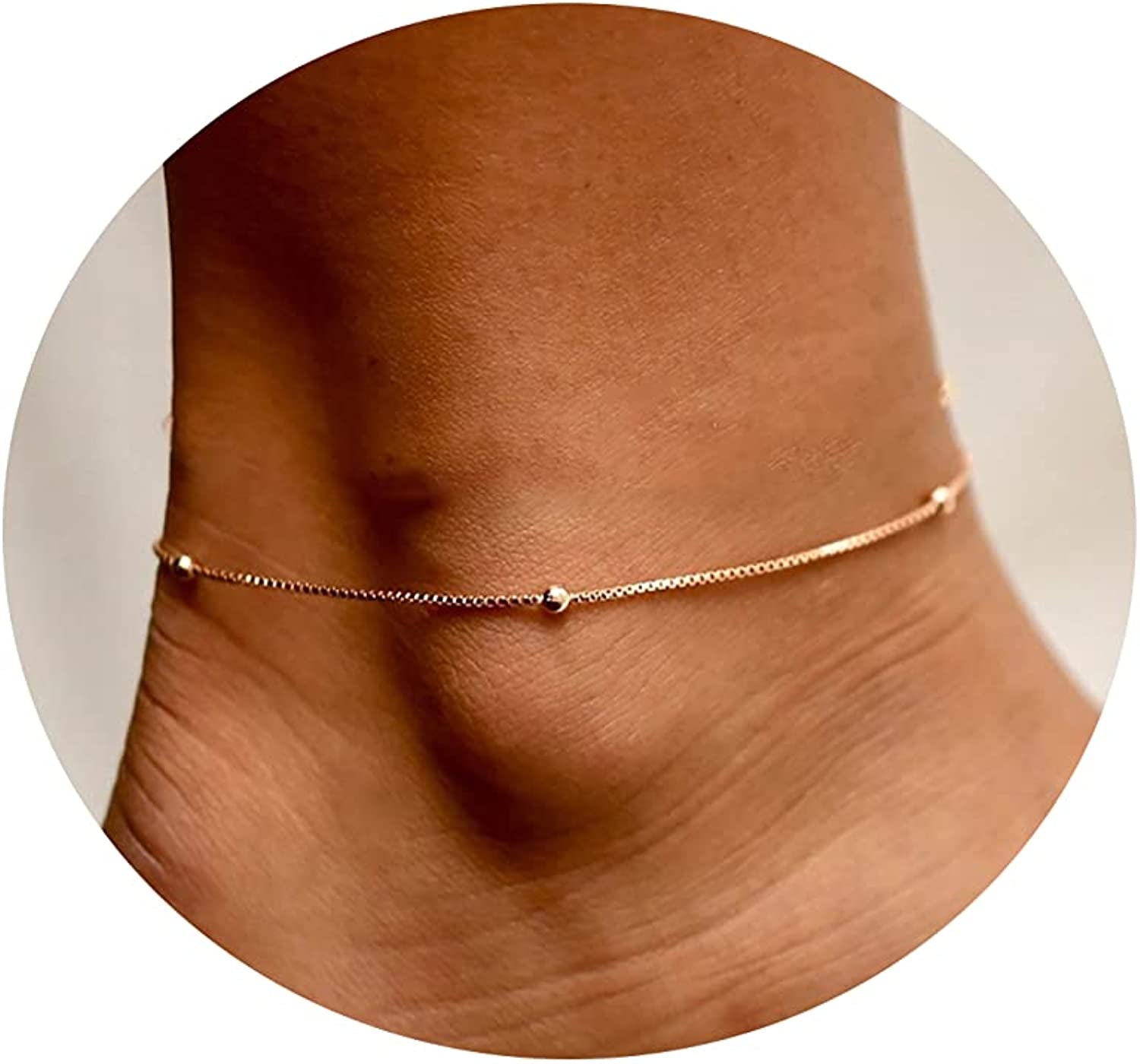 Tasiso 14K Gold Plated Layered Satellite Beads Heart Anklets Layering Rhinestone Cubic Zirconia Ankle Bracelets for Women Minimalist Summer Beach Foot Chain Ankle Jewelry Gifts Apparel & Accessories > Jewelry > Anklets Tasiso Beaded Box Chain-Gold