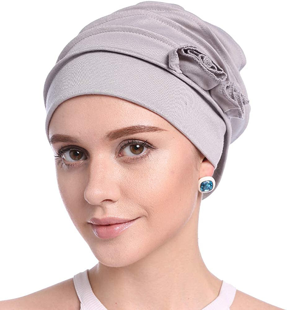 DOCILA Plain Floral Decoration Chemo Beanie for Women Soft Sleep Snood Cap Breathable Hair Loss Muslin Turban Hat Apparel & Accessories > Clothing Accessories > Headwear DOCILA Gray