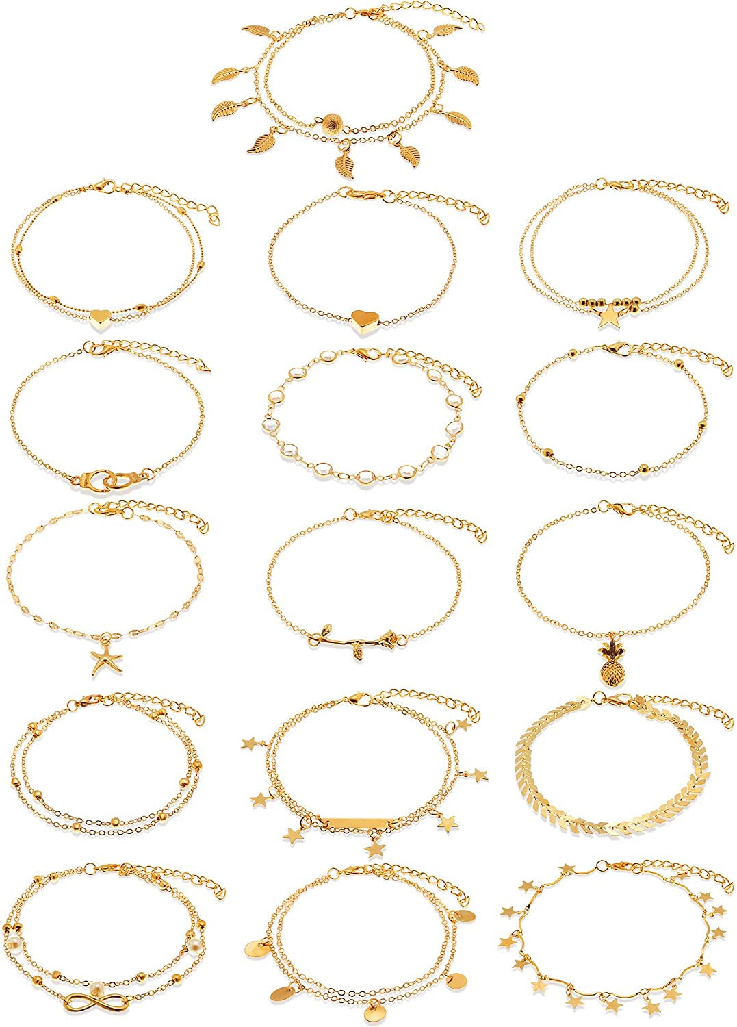 Hicarer 16 Pieces Boho Ankle Bracelets Beach Anklets Foot Chains Adjustable Foot Hand Jewelry Romantic Gift for Women Girls Apparel & Accessories > Jewelry > Anklets Hicarer Gold Leaf, Heart, Star