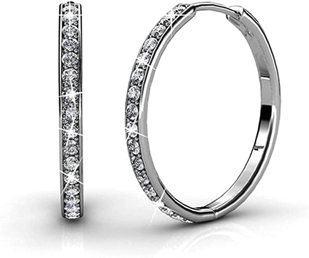 Bianca 18K White Gold Hoop Earrings with Crystals, Best Silver Hoops for Women, Sparkle round Hoops for Ladies, Hoop Earrings Silver