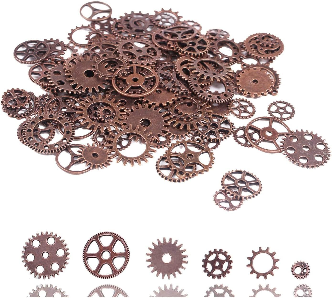 BIHRTC 100 Gram DIY Assorted Color Antique Metal Steampunk Gears Charms Pendant Clock Watch Wheel Gear for Crafting, Jewelry Making Accessory Red Copper