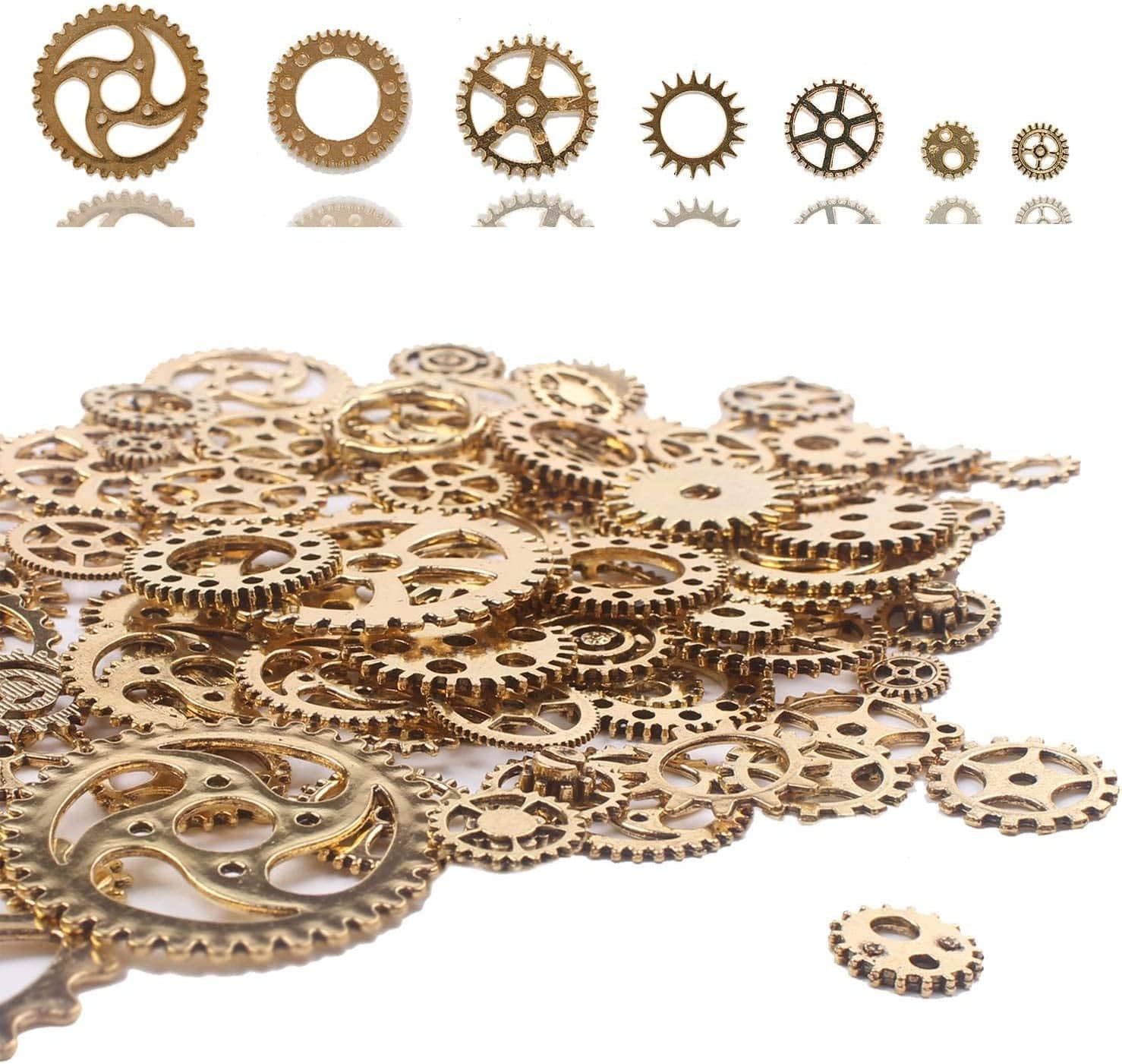 BIHRTC 100 Gram DIY Assorted Color Antique Metal Steampunk Gears Charms Pendant Clock Watch Wheel Gear for Crafting, Jewelry Making Accessory Antique Gold
