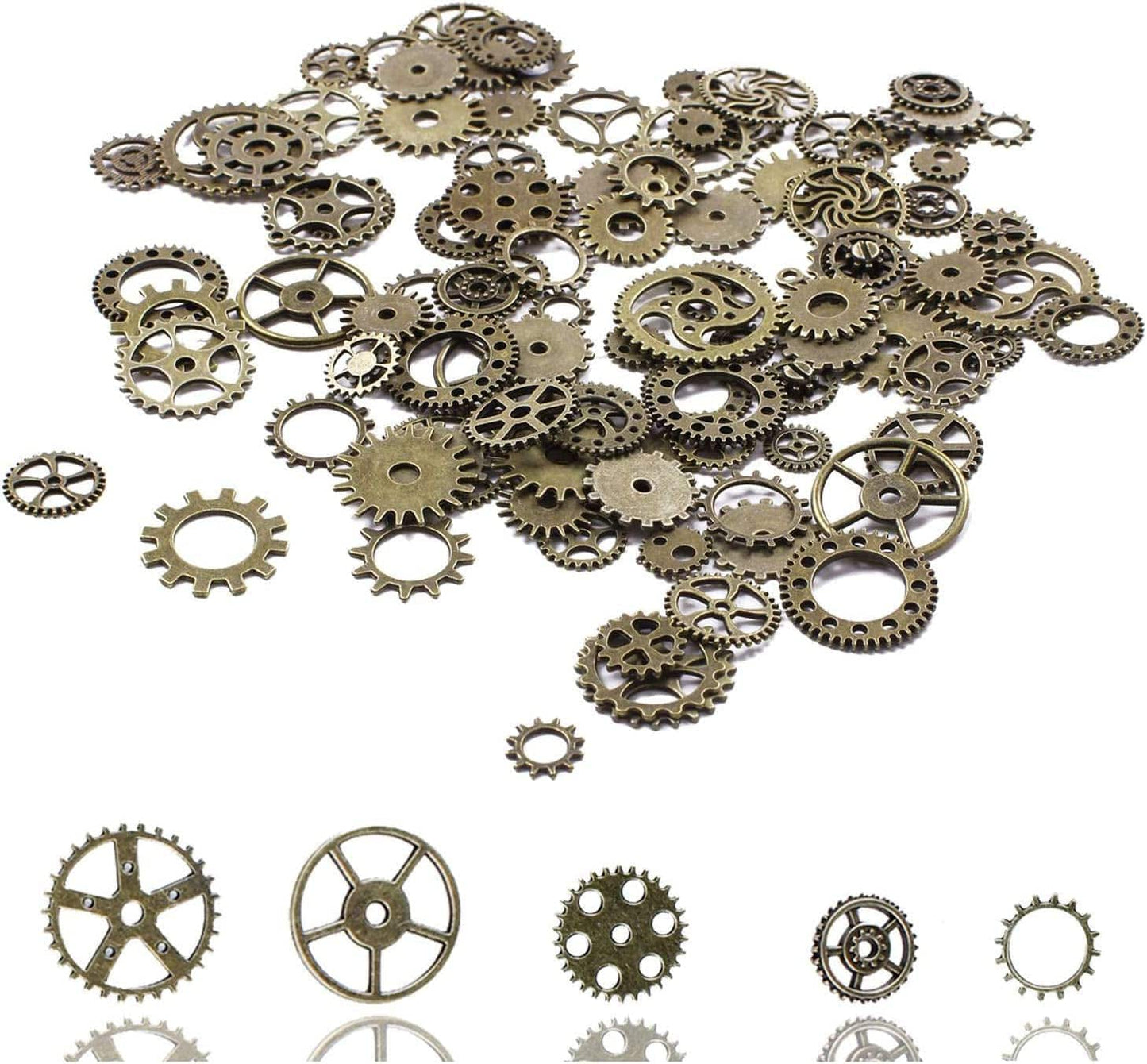 BIHRTC 100 Gram DIY Assorted Color Antique Metal Steampunk Gears Charms Pendant Clock Watch Wheel Gear for Crafting, Jewelry Making Accessory Bronze