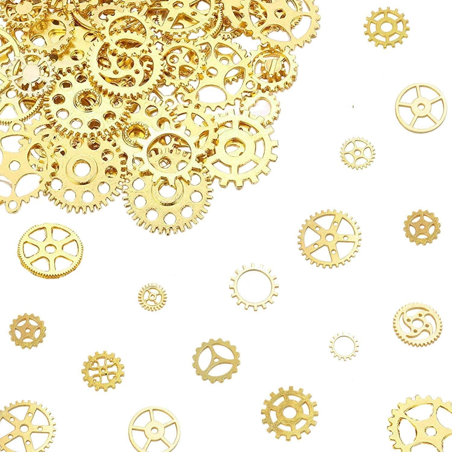 BIHRTC 100 Gram DIY Assorted Color Antique Metal Steampunk Gears Charms Pendant Clock Watch Wheel Gear for Crafting, Jewelry Making Accessory Gold