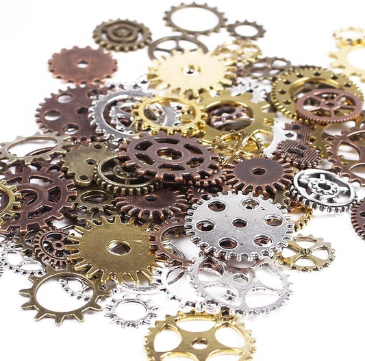 BIHRTC 100 Gram DIY Assorted Color Antique Metal Steampunk Gears Charms Pendant Clock Watch Wheel Gear for Crafting, Jewelry Making Accessory Assorted Color 2