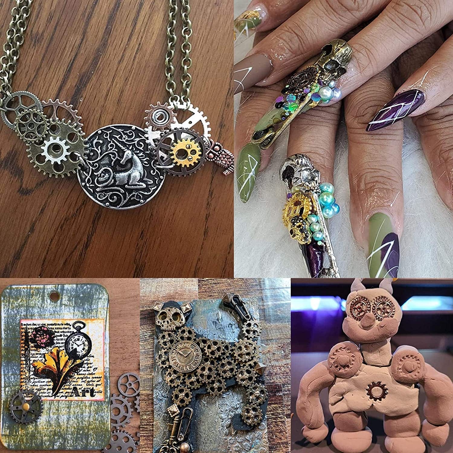 BIHRTC 140 Gram (Approx 92Pcs) DIY Assorted Color Antique Metal Steampunk Watch Gear Cog Wheel Skull Musical Note Skull Hand Safety Pin Charms Pendant for Crafting, Jewelry Making Accessory