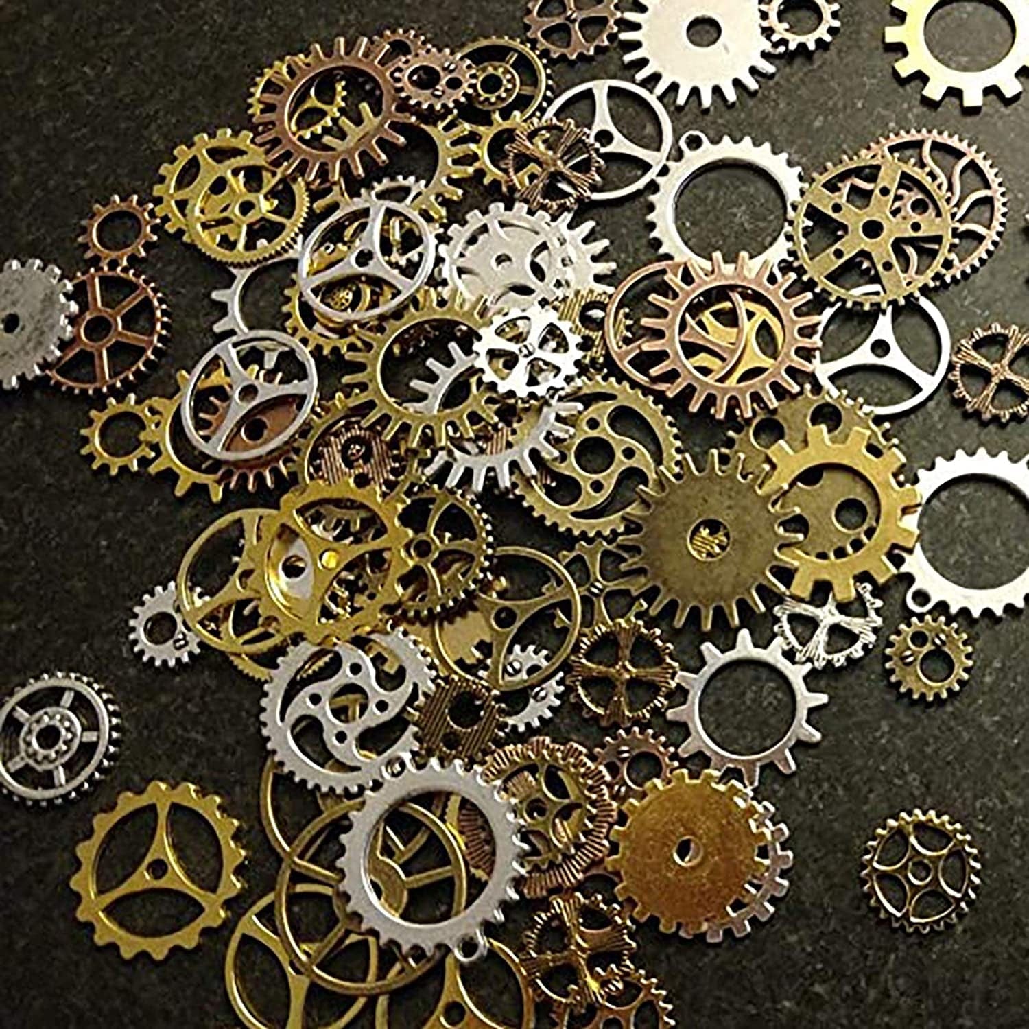 BIHRTC 140 Gram (Approx 92Pcs) DIY Assorted Color Antique Metal Steampunk Watch Gear Cog Wheel Skull Musical Note Skull Hand Safety Pin Charms Pendant for Crafting, Jewelry Making Accessory