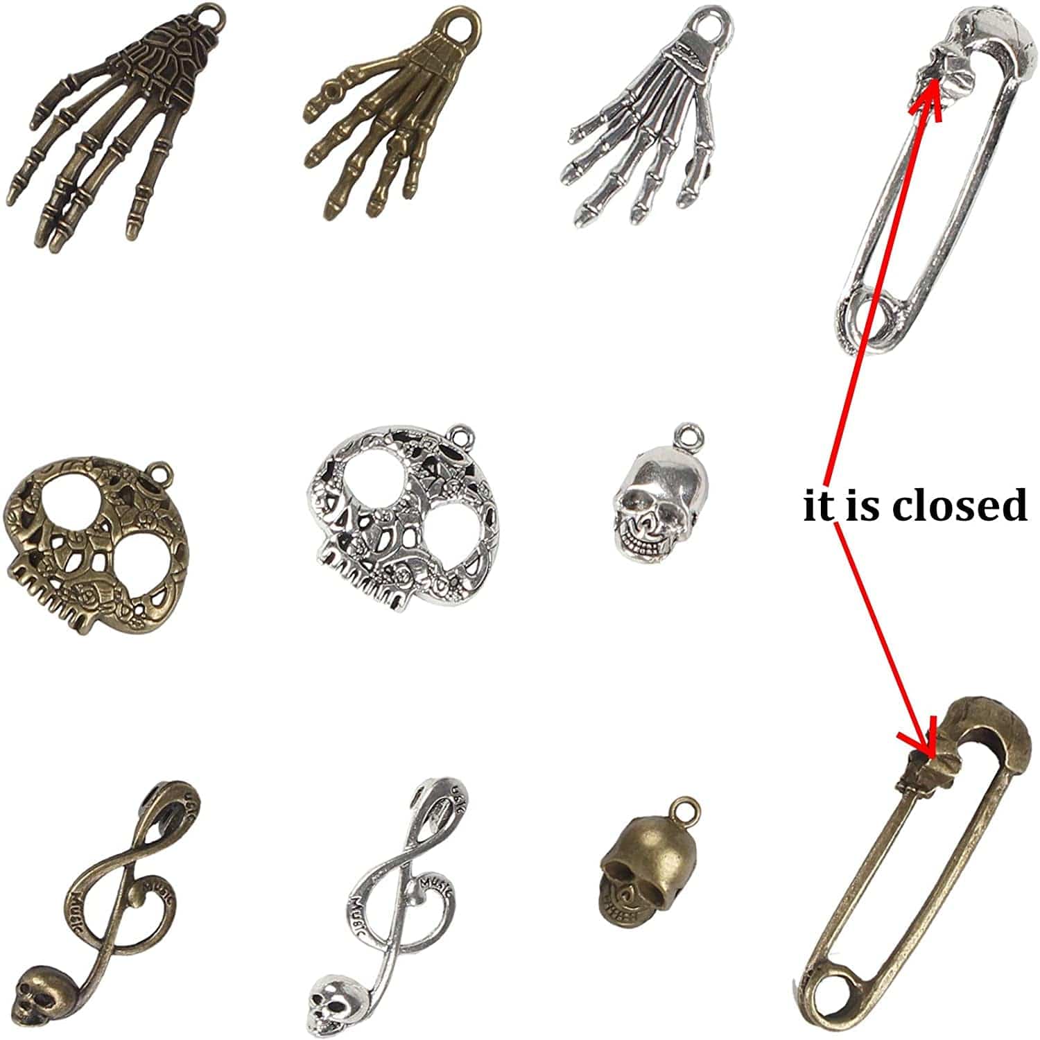 BIHRTC 140 Gram (Approx 92Pcs) DIY Assorted Color Antique Metal Steampunk Watch Gear Cog Wheel Skull Musical Note Skull Hand Safety Pin Charms Pendant for Crafting, Jewelry Making Accessory