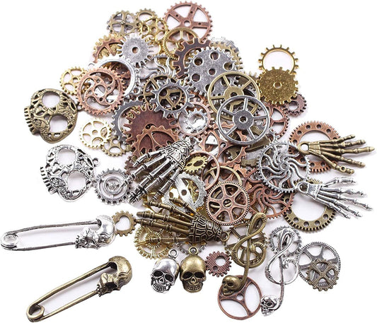 BIHRTC 140 Gram (Approx 92Pcs) DIY Assorted Color Antique Metal Steampunk Watch Gear Cog Wheel Skull Musical Note Skull Hand Safety Pin Charms Pendant for Crafting, Jewelry Making Accessory