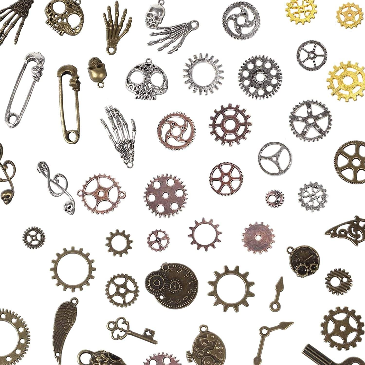 BIHRTC 200 Gram Antique Steampunk Gear DIY Assorted Mixed Color Metal Cog Wheel Skull Brass Key Pendant Charms for Craft Jewelry Making Accessory Assorted Color