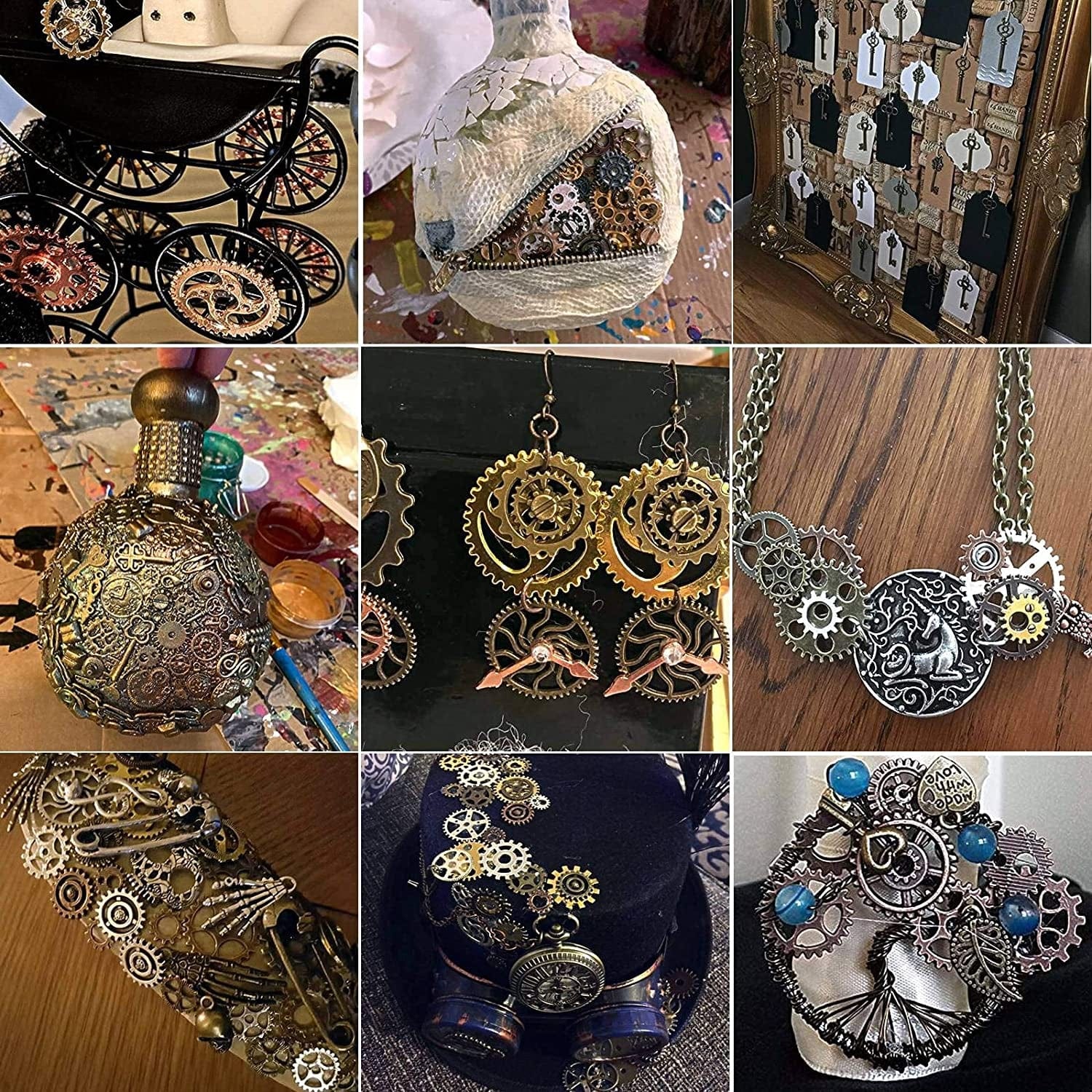 BIHRTC 200 Gram Antique Steampunk Gear DIY Assorted Mixed Color Metal Cog Wheel Skull Brass Key Pendant Charms for Craft Jewelry Making Accessory Assorted Color