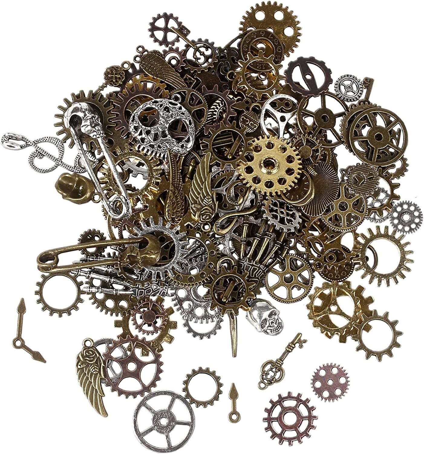 BIHRTC 200 Gram Antique Steampunk Gear DIY Assorted Mixed Color Metal Cog Wheel Skull Brass Key Pendant Charms for Craft Jewelry Making Accessory Assorted Color