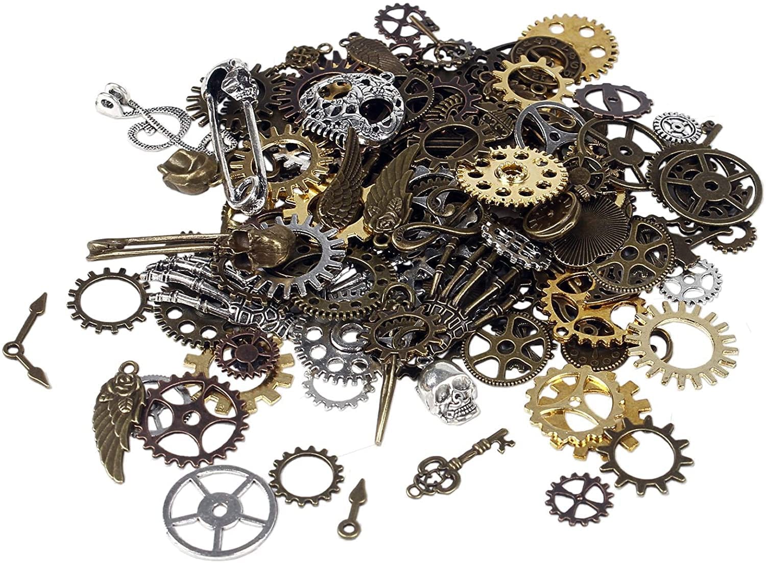 BIHRTC 200 Gram Antique Steampunk Gear DIY Assorted Mixed Color Metal Cog Wheel Skull Brass Key Pendant Charms for Craft Jewelry Making Accessory Assorted Color
