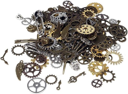 BIHRTC 200 Gram Antique Steampunk Gear DIY Assorted Mixed Color Metal Cog Wheel Skull Brass Key Pendant Charms for Craft Jewelry Making Accessory Assorted Color