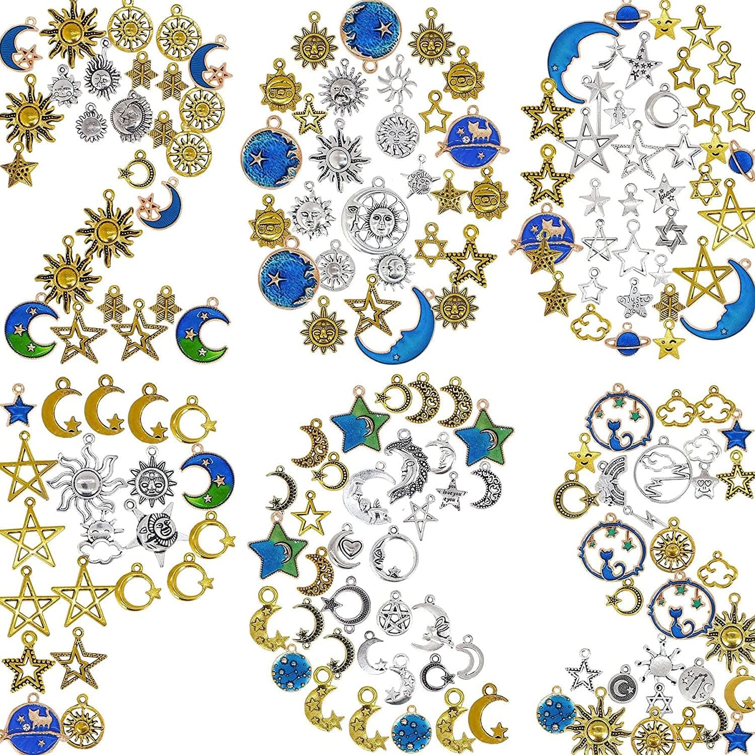 BIHRTC 200 Pack of Jewelry Charms Mixed Smooth Silver Metal Charms Pendants DIY Charm Bracelet Making Gold Charm Bracelet for Women Bracelet Necklace Jewelry Findings Golde+Silver+Blue