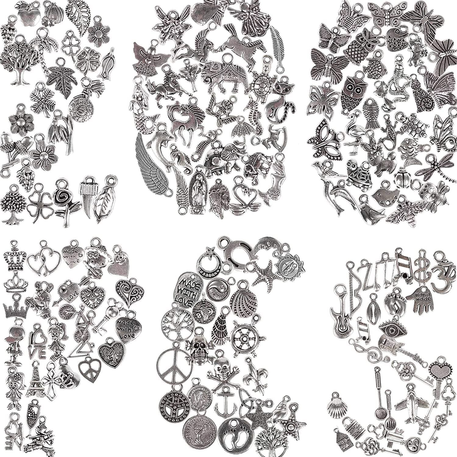 BIHRTC 200 Pack of Jewelry Charms Mixed Smooth Silver Metal Charms Pendants DIY Charm Bracelet Making Gold Charm Bracelet for Women Bracelet Necklace Jewelry Findings silver
