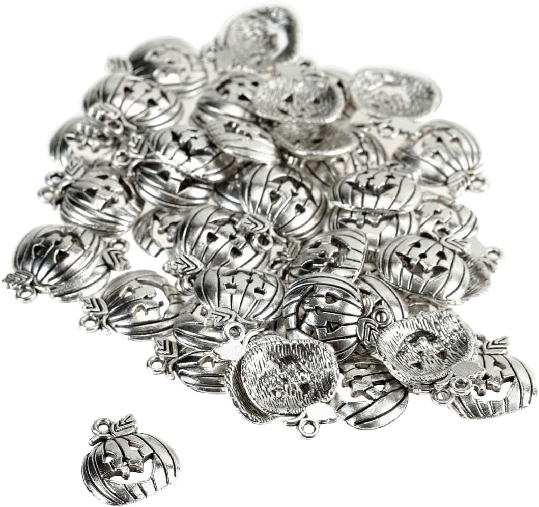 Binaryabc Halloween Pumpkin Charm Pendant,For Crafting Jewelry Making Accessory 50Pcs (Antique Silver)