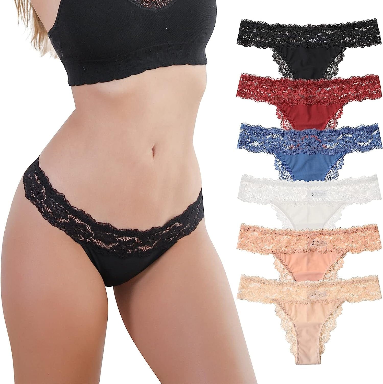 BIONEK Thongs Underwear for Women-Sexy Lace Panties Low Rise Silky G String No Show Underwear 6 Pack/3 Pack S-XL Multicolor-a / Small