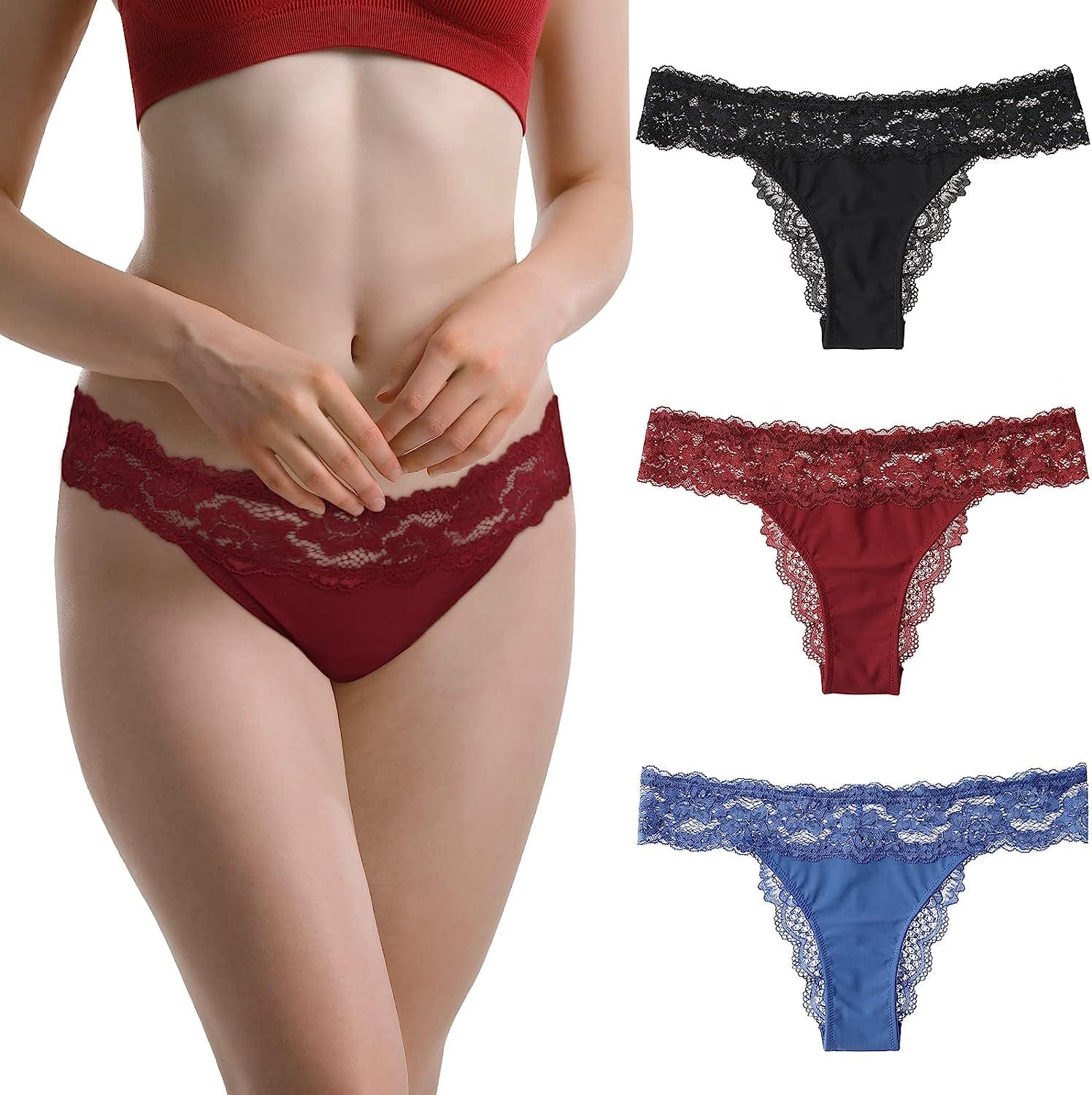 BIONEK Thongs Underwear for Women-Sexy Lace Panties Low Rise Silky G String No Show Underwear 6 Pack/3 Pack S-XL Multicolor-b / Large