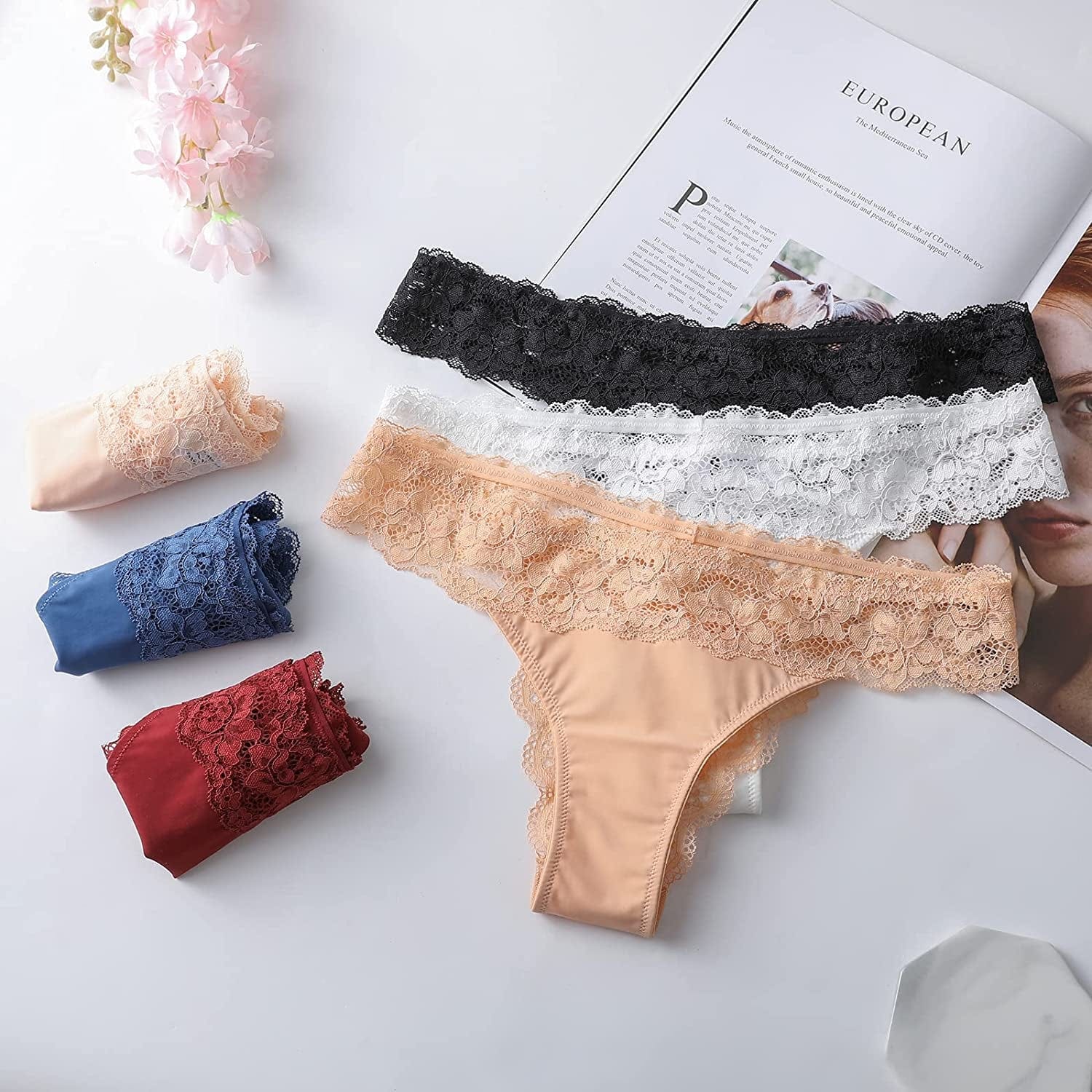 BIONEK Thongs Underwear for Women-Sexy Lace Panties Low Rise Silky G String No Show Underwear 6 Pack/3 Pack S-XL