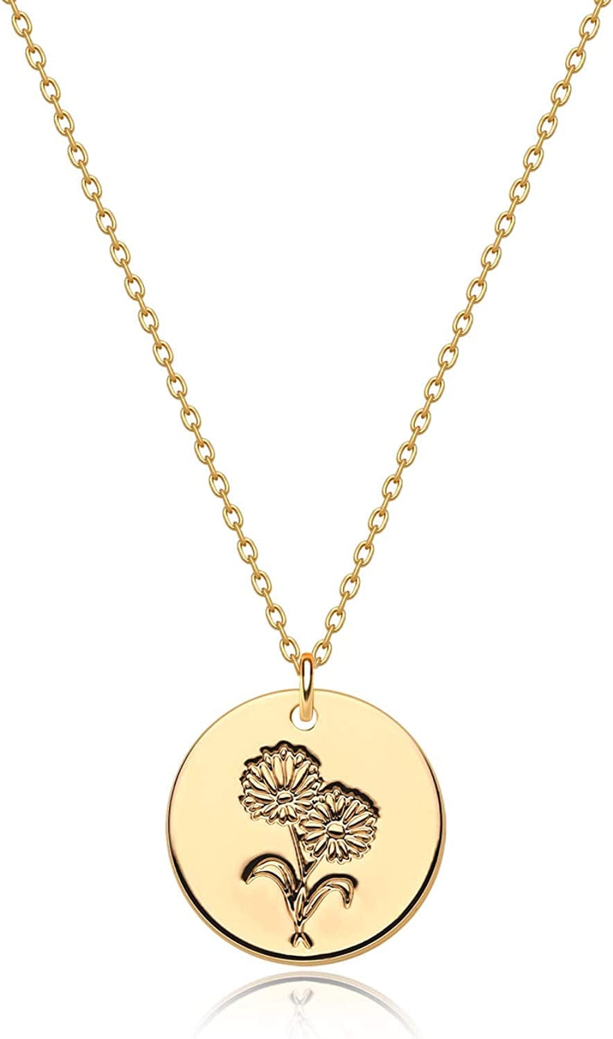 Birth Month Flower Necklace for Women Gold Disc round Medal Pendant Engraved Floral 14K Gold Plated Minimalist Simple Personalized Jewelry Gift K-(Nov) MUMS-B