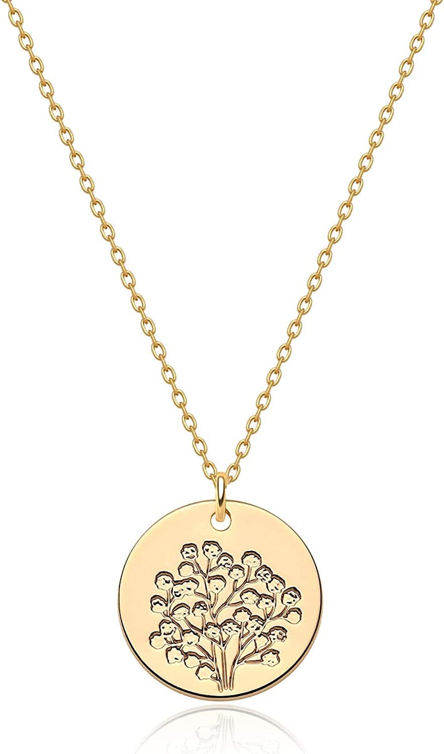 Birth Month Flower Necklace for Women Gold Disc round Medal Pendant Engraved Floral 14K Gold Plated Minimalist Simple Personalized Jewelry Gift N-Baby Breath