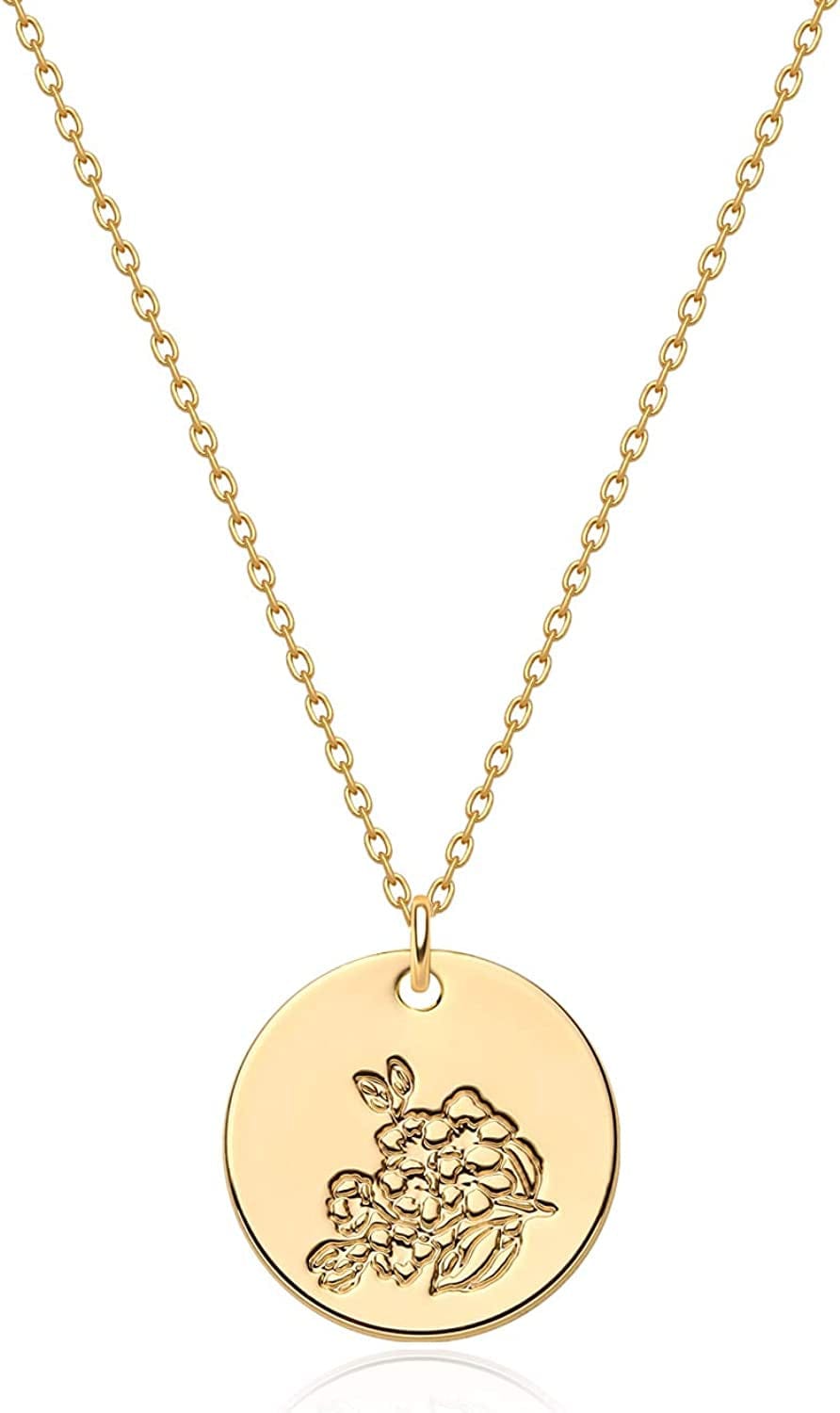 Birth Month Flower Necklace for Women Gold Disc round Medal Pendant Engraved Floral 14K Gold Plated Minimalist Simple Personalized Jewelry Gift C-(Mar) Cherry Blossom-B