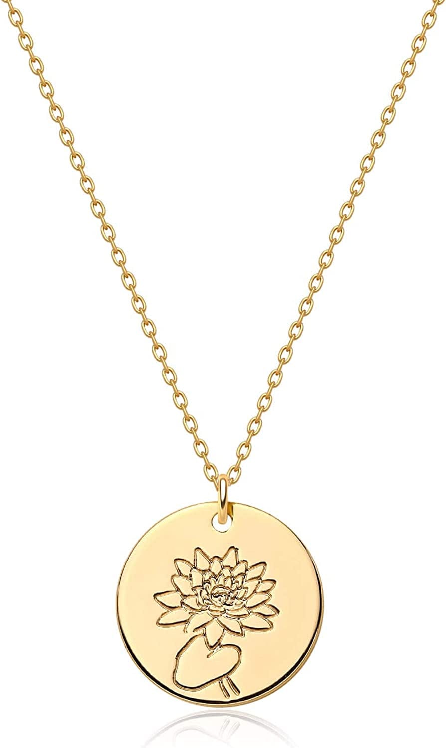 Birth Month Flower Necklace for Women Gold Disc round Medal Pendant Engraved Floral 14K Gold Plated Minimalist Simple Personalized Jewelry Gift G-(July) Lotus-B