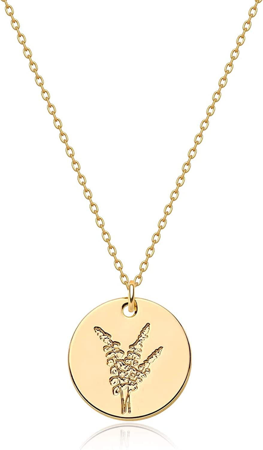 Birth Month Flower Necklace for Women Gold Disc round Medal Pendant Engraved Floral 14K Gold Plated Minimalist Simple Personalized Jewelry Gift L-(Dec) Holly-B