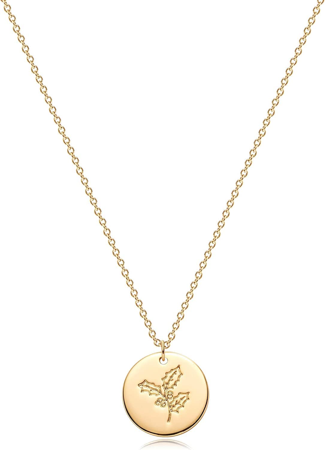 Birth Month Flower Necklace for Women Gold Disc round Medal Pendant Engraved Floral 14K Gold Plated Minimalist Simple Personalized Jewelry Gift L-(Dec) Holly-A