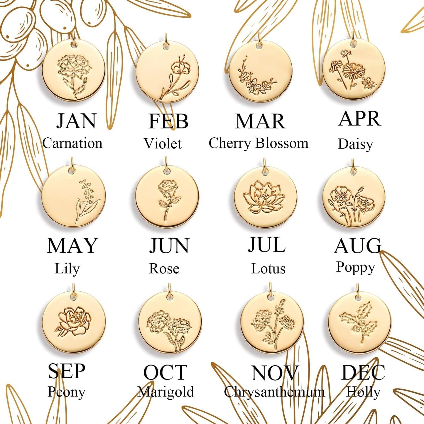 Birth Month Flower Necklace for Women Gold Disc round Medal Pendant Engraved Floral 14K Gold Plated Minimalist Simple Personalized Jewelry Gift